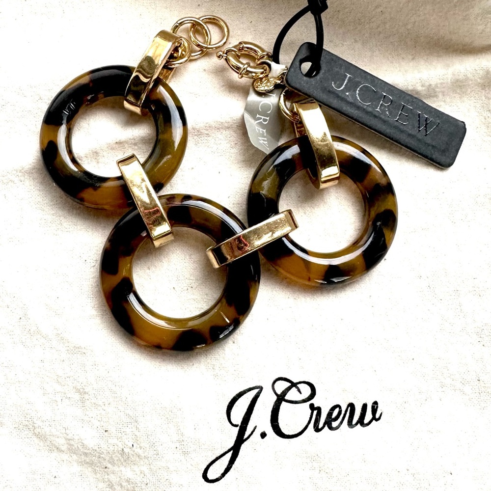 J Crew Rhinestone Faux Tortoise Circle Link Gold Tone Bracelet NWT